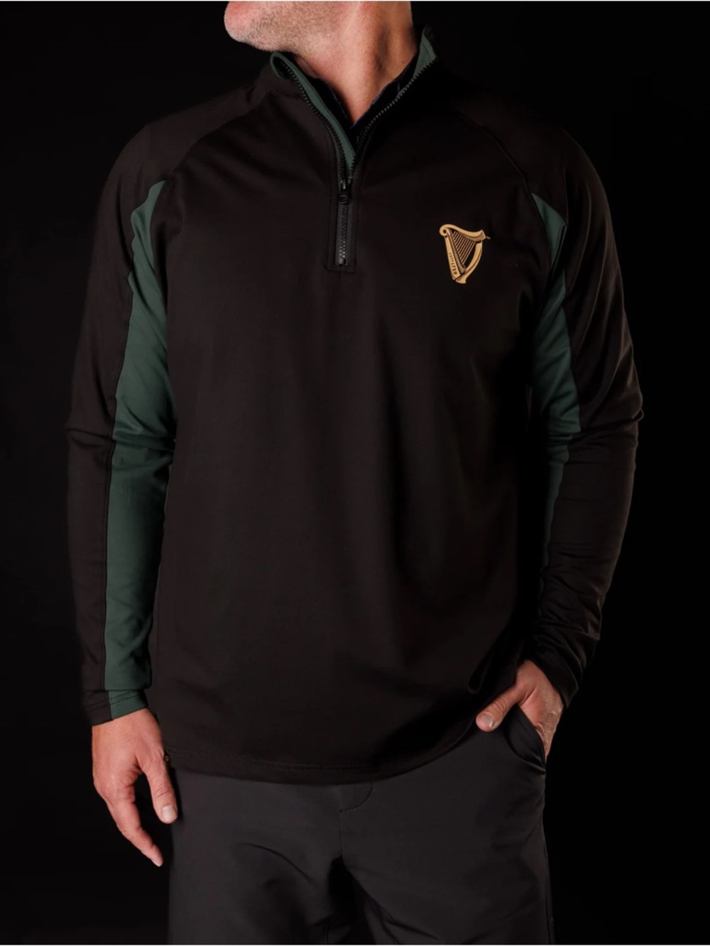 Guinness Black Pullover with Dark Green Collar and Gold Harp